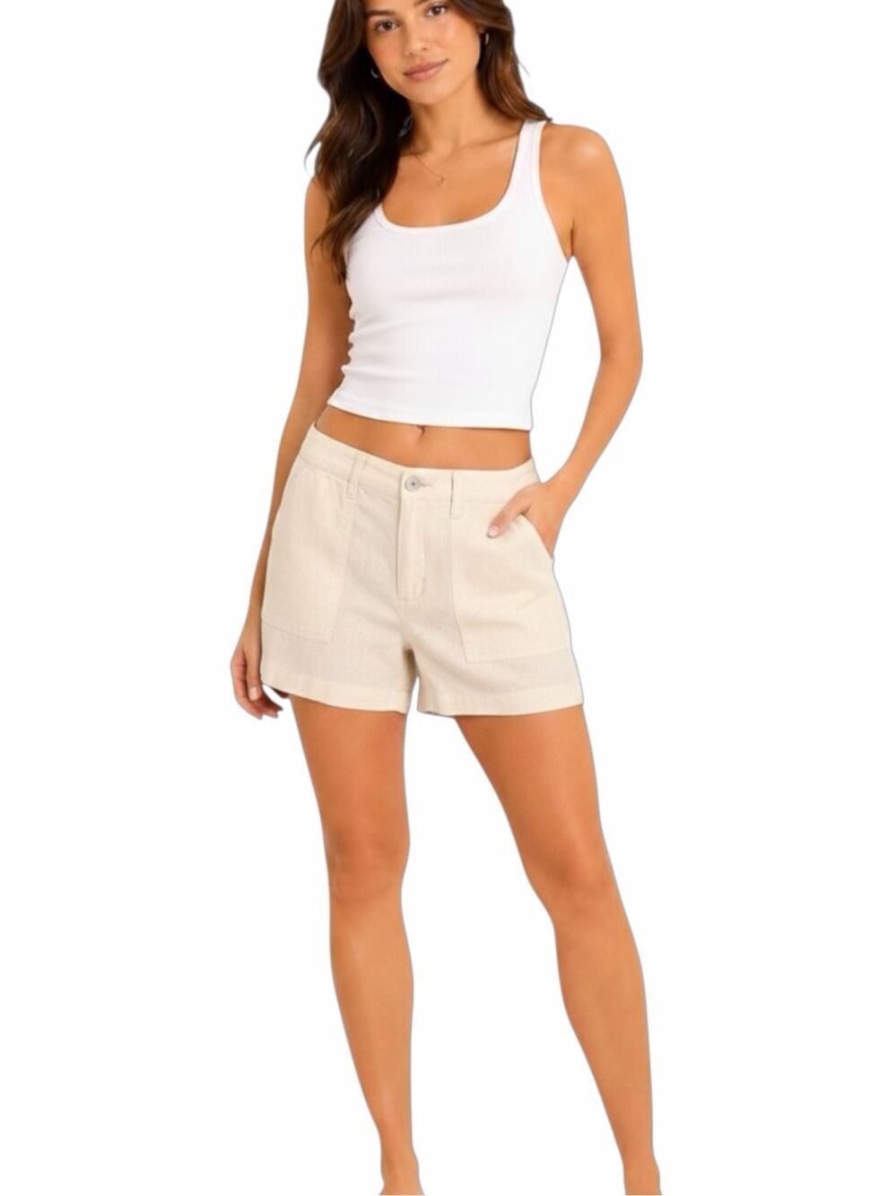 HOLLISTER Linen Utility Shorts Beige Cream High Rise Pockets Size 3